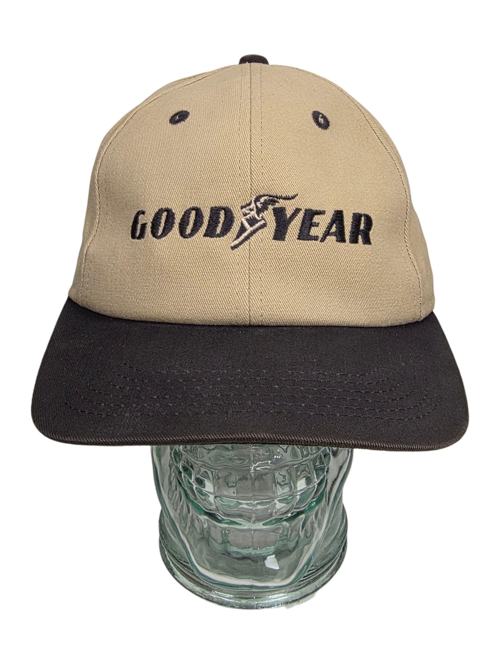 Vintage Goodyear Snapback Hat K-Products Two Tone Tan Black Made in USA Cap
